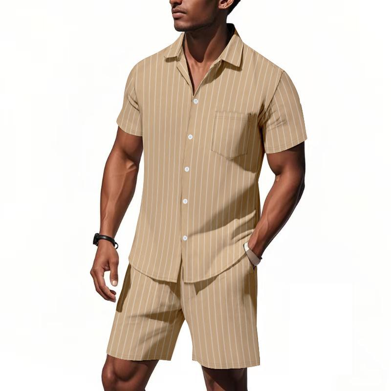 Summer Linen Suit Men's Striped Jacquard Loose Short Sleeve Shirt Beach Shorts Two-piece Set