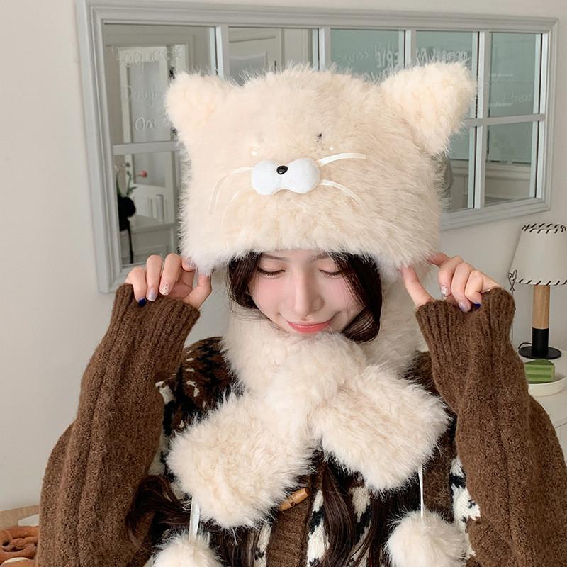 Knit Cat Ear Cap With Fleece Lining And Windproof Design For Kids бежевый