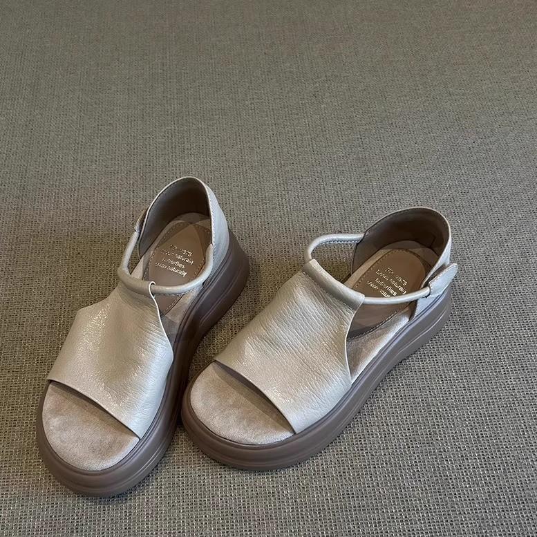 [Fanfna] Super Soft Leather~ Retro Casual Heightening Platform Sandals Women's Summer Beautiful Versatile Roman Sandals