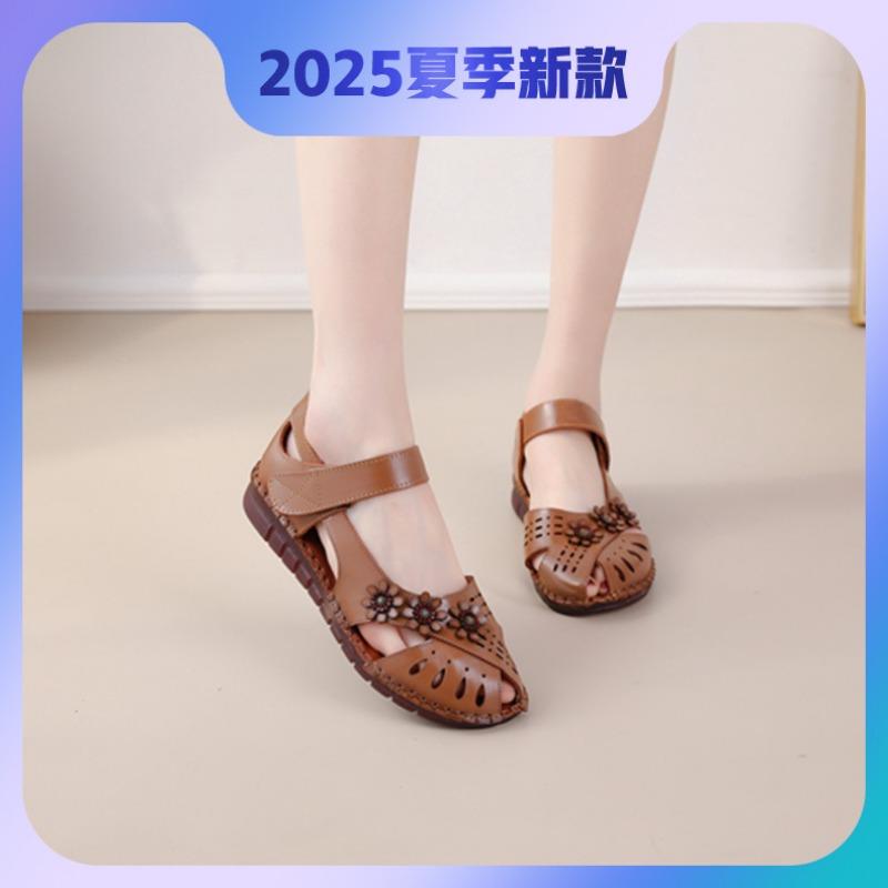 Sandals Women's Genuine Leather Beef Tendon Sole Spring and Summer Fish Mouth Flower Hollow Velcro Non-slip Soft Sole Comfortable