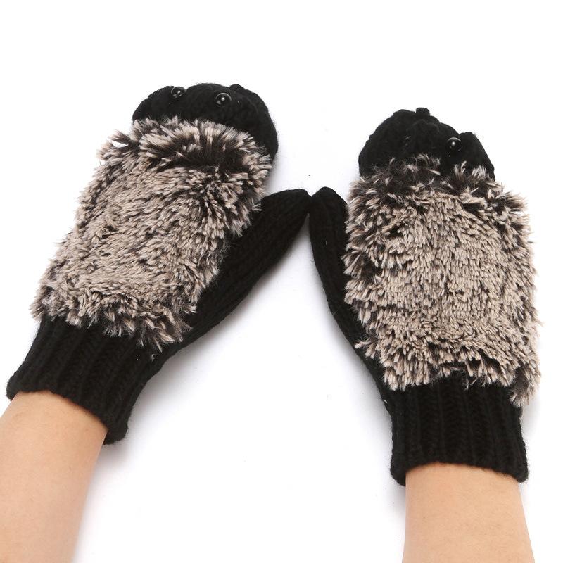 

Ski Cartoon Hedgehog Finger Gloves Women Thickened Winter Warm Knit Anti-Slip Palm Elastic Wrist Cuff Student Cute Girl Present
