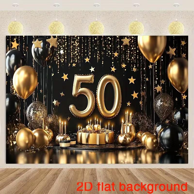 2D 50th Birthday Party Backdrop Banner, Black Gold Theme for Indoor & Outdoor Decoration