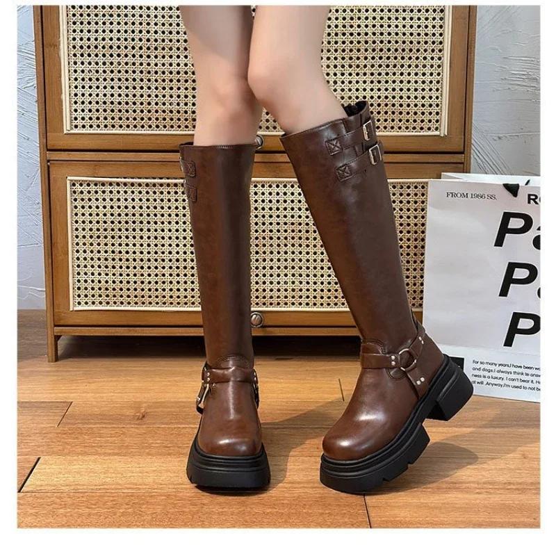 Denim Boots for Women Motorcycle Boots Retro Brown Belt Buckle Round Head High Women Boots Ladies Platform Boot Shoes for Women