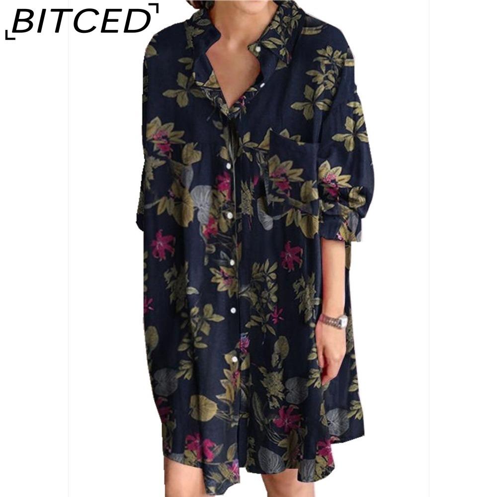 

BITCED Женское платье-рубашка с отложным воротником и длинными рукавами, летнее модное клетчатое платье с принтом XXXXXL темно-синий