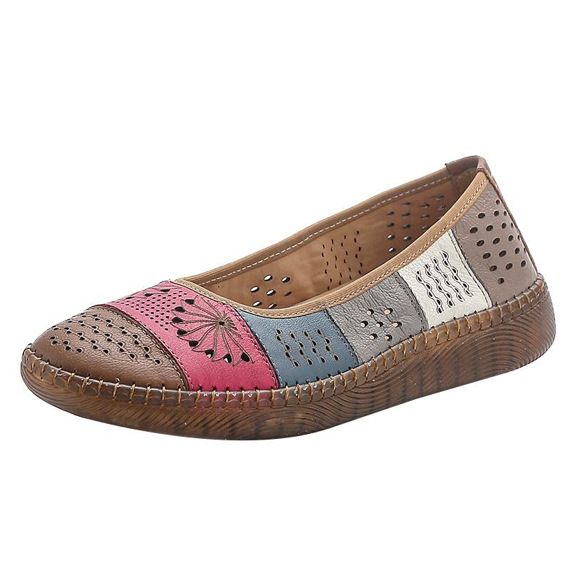 Fashion New Genuine Leather Ballet Flats Women's Summer Breathable Shoes Slip On Hollowed Nurse Loafers Woman Vintage Driving Moccasins
