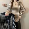 Women's Half-Zip Polo Collar Striped Sweatshirt - Autumn/Winter, Plus Velvet, Korean-Style, Versatile, Loose Fit, Retro Chic, Hong Kong Style.