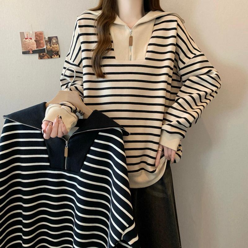 Women's Half-Zip Polo Collar Striped Sweatshirt - Autumn/Winter, Plus Velvet, Korean-Style, Versatile, Loose Fit, Retro Chic, Hong Kong Style.