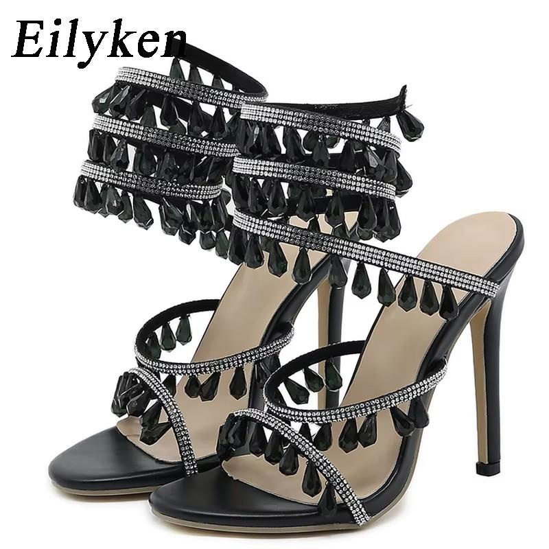 Fashion Eilyken Summer Fashion Rhinestone Crystal Sandals Women's String Bead Banquet Stiletto High Heel Wrap Strap Open Toed Shoes