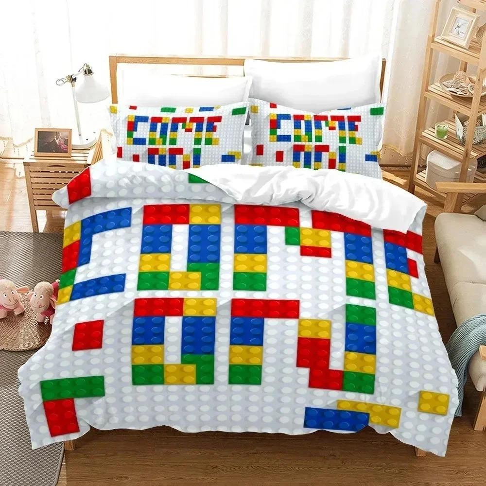 Colorful Toy King Queen Duvet Cover 3D Building Block Pattern Bedding Set Fun Brick Quilt Cover Gradient Rainbow Comforter Cover