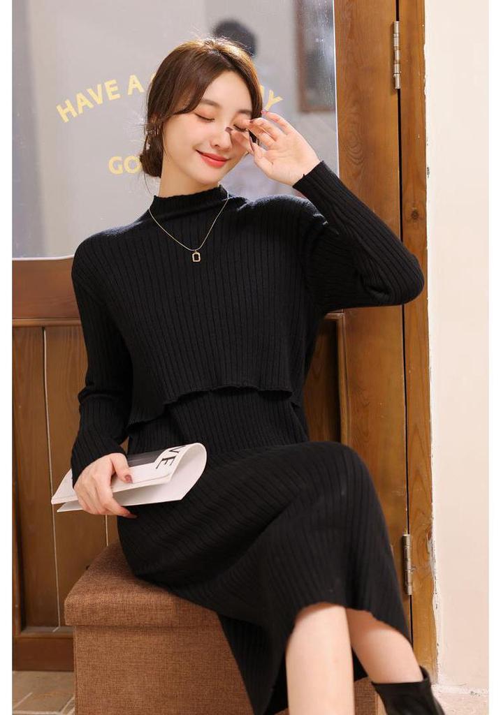 3509 Herbst/Winter Stillkleid für die Zeit nach der Geburt: Dicker Strick, Schlanke Passform, Spicy Mom Style, Stillfreundlich