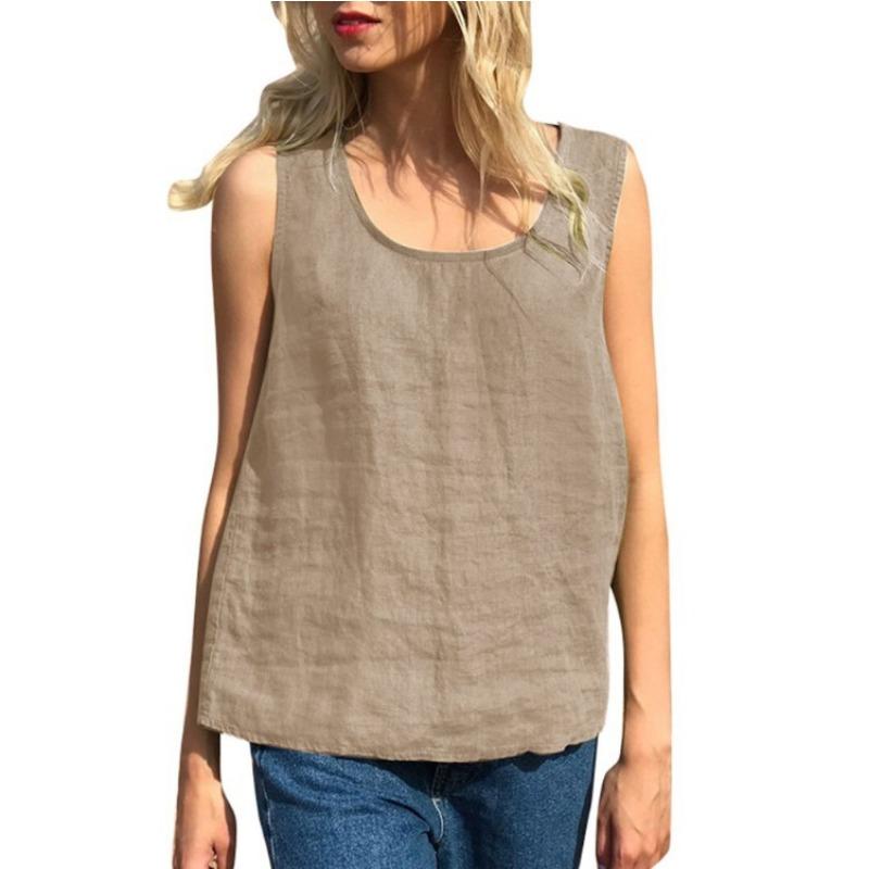 Lockeres, lässiges Tanktop für Damen aus Baumwolle und Leinen für den Sommer, einfarbig, Rundhalsausschnitt