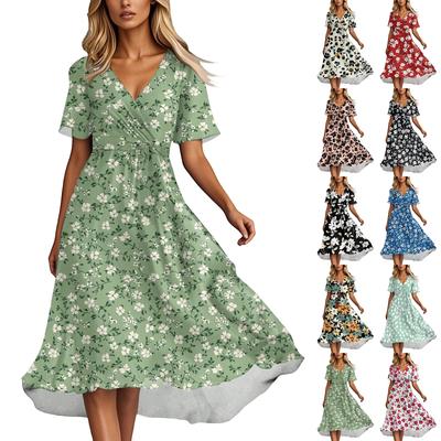 Women's Summer Fashion V-Neck Flared Dress Short Sleeve Floral Dresses