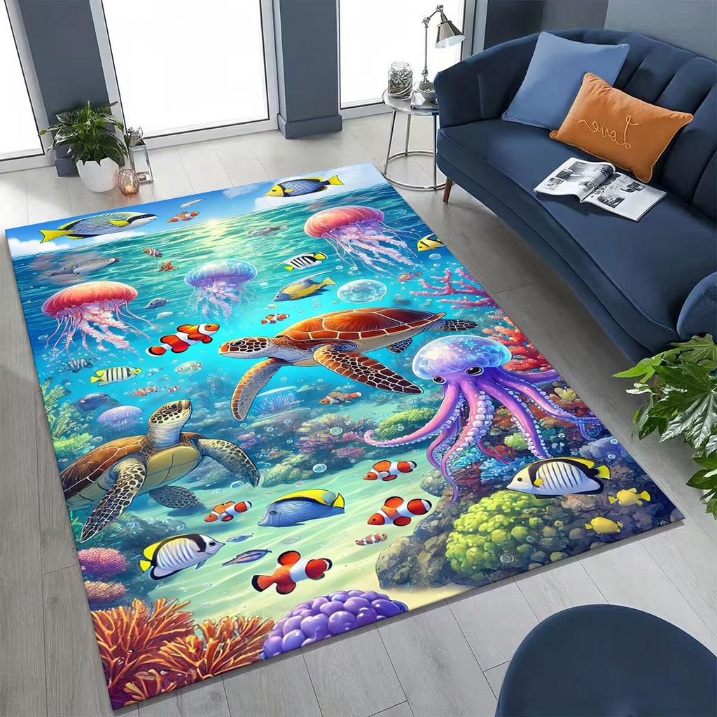 2026 New Underwater World Sea Dolphin Turtle Coral Rug for Bedroom Living Room Sofa Home Doormat Decor,Kids Non-slip Floor Mat