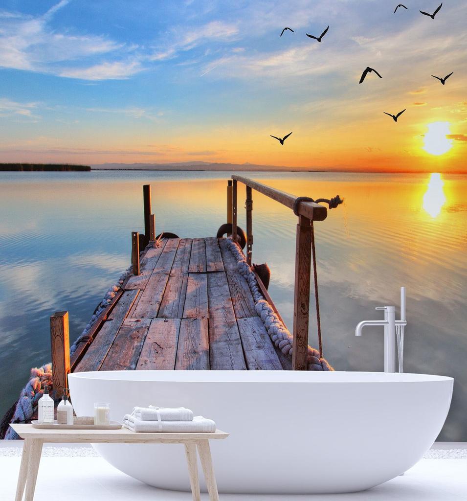Wallpaper Sunset Footbridge Birds