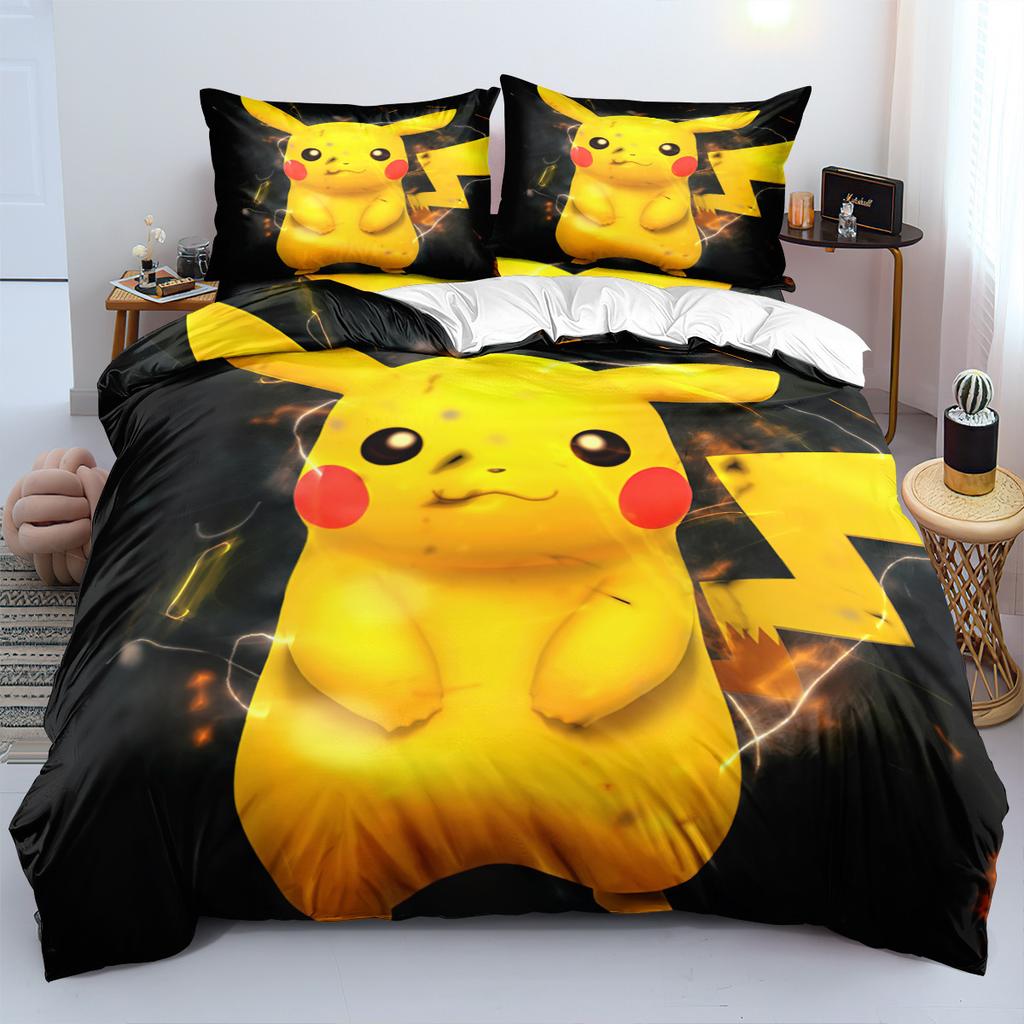 New P-Pokemon Bedding Set Cartoon Anime Pikachu Printed Duvet Cover Comforter Pillowcase Boys Girls Children Adults King Gift