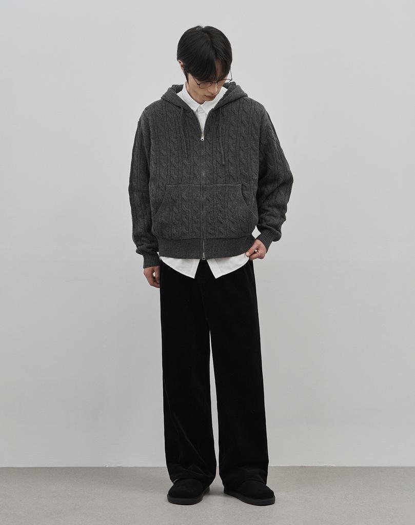 Work On Body Off Intre Semi-Overfit Cable Knitted Zip-Up Hoodie [Charcoal]