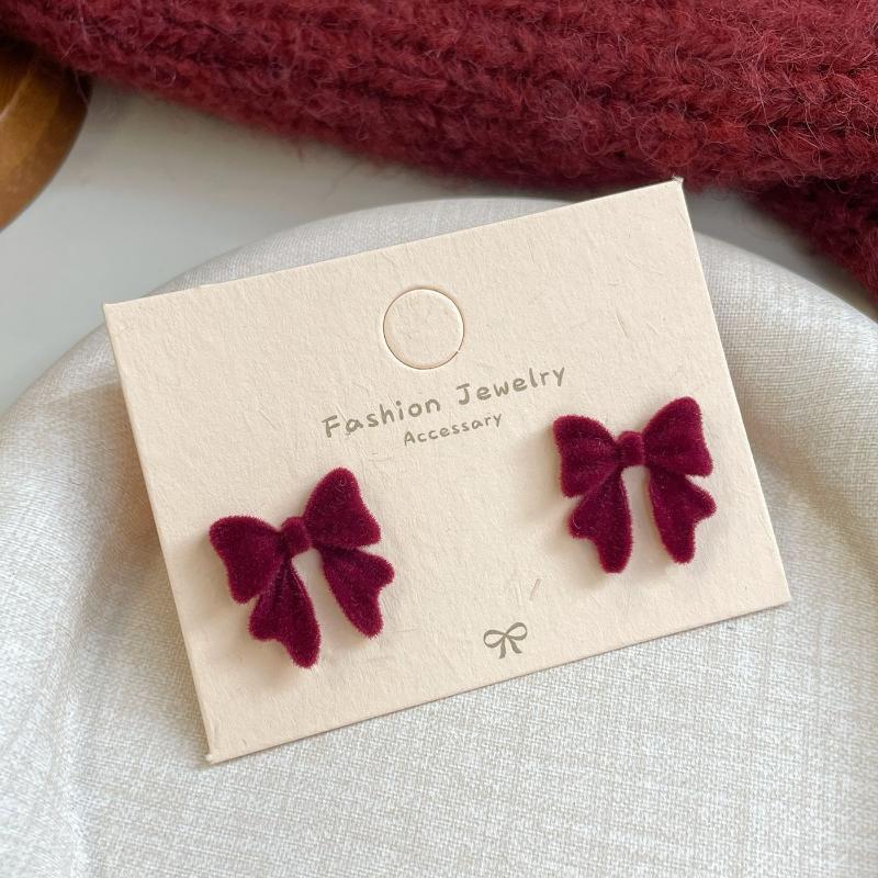 Cute Red Bow Flocking Earrings Simple Elegant Exquisite Sweet Festive Earrings Ear Studs Jewelry Accessories New Year Gifts