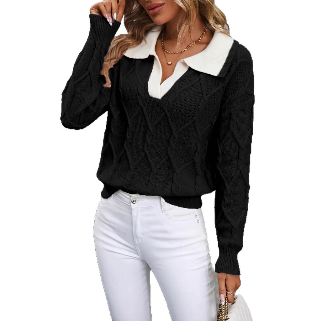 Cross-Border Autumn/Winter Fashion Casual V-Neck Cable Knit Sweater for Women
