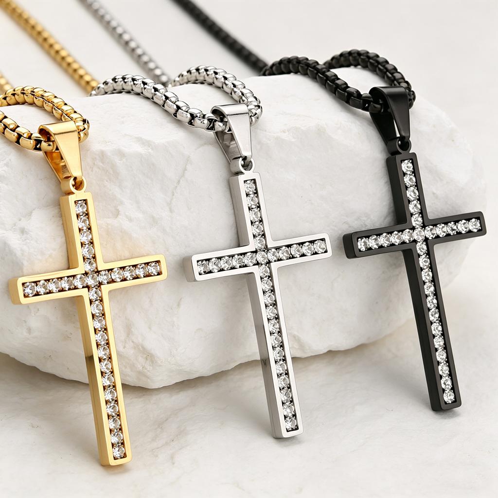 Stainless Steel Cubic Zirconia Cross Pendant Necklace, Zircon Inlay Faith Jewelry Gold/Silver Color Black for Men