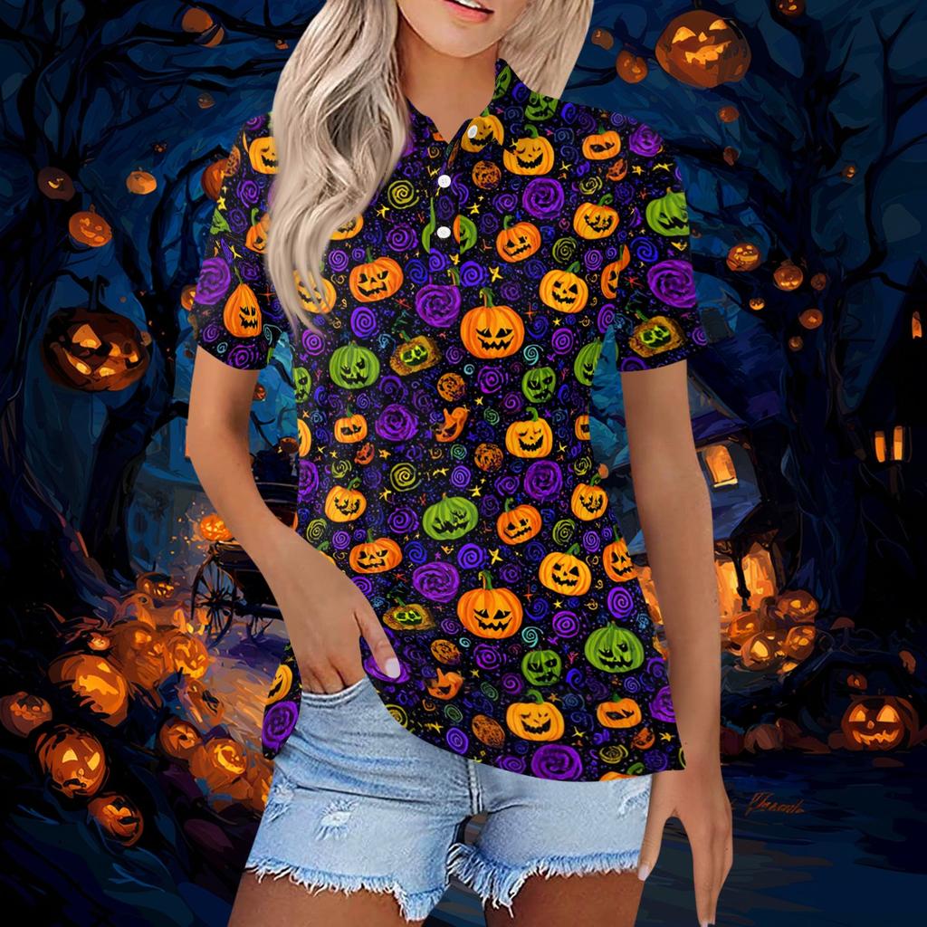 Women's Fashion Casual Button Front Short Sleeve Halloween Print Polo Shirt with Side Slits Lightweight Breathable Top