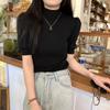 Sommer Vintage Puff Hülse Gestrickte Bluse Frauen Koreanische Halb Stehkragen Casual Elegante Frau Shirt Mode Schlank Solide Tops 25244