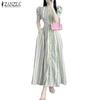 ZANZEA Women Casual Round Neck Short Sleeve Stripe Long Dress