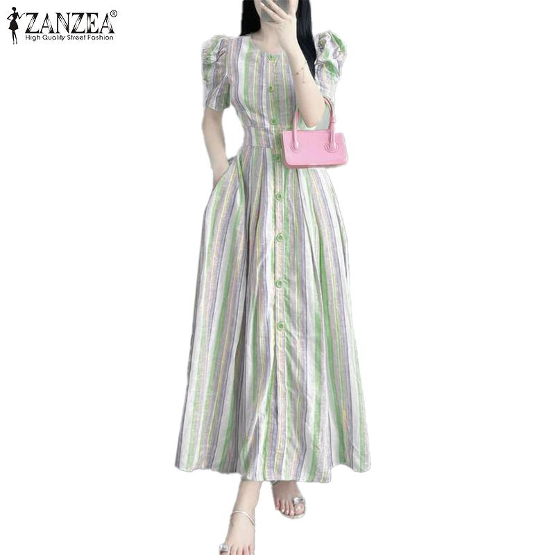 ZANZEA Women Casual Round Neck Short Sleeve Stripe Long Dress