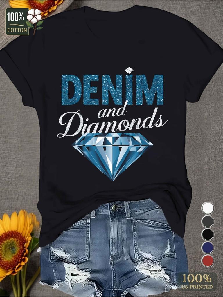 Women'S Denim And Diamond Patterned T-Shirt - Soft Comfortable Fit Short Sleeves Casual Style Machine Washable Round Neck