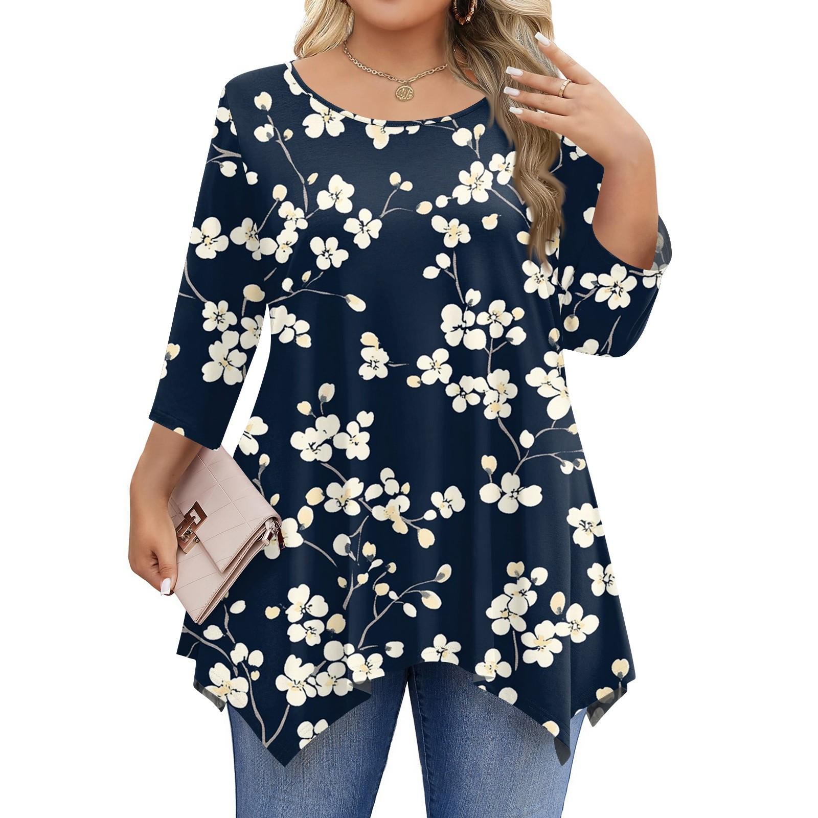

Женские рубашки с рукавом 3/4 больших размеров, туники с круглым вырезом, базовые футболки свободного кроя, размеры L-5XL XXXXL тёмно-синий