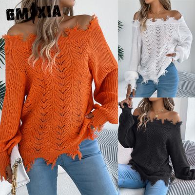 Herfst en Winter Effen Kleur Uitgesneden Lange Mouwen Off-the-shoulder Pullover Trui voor Dames