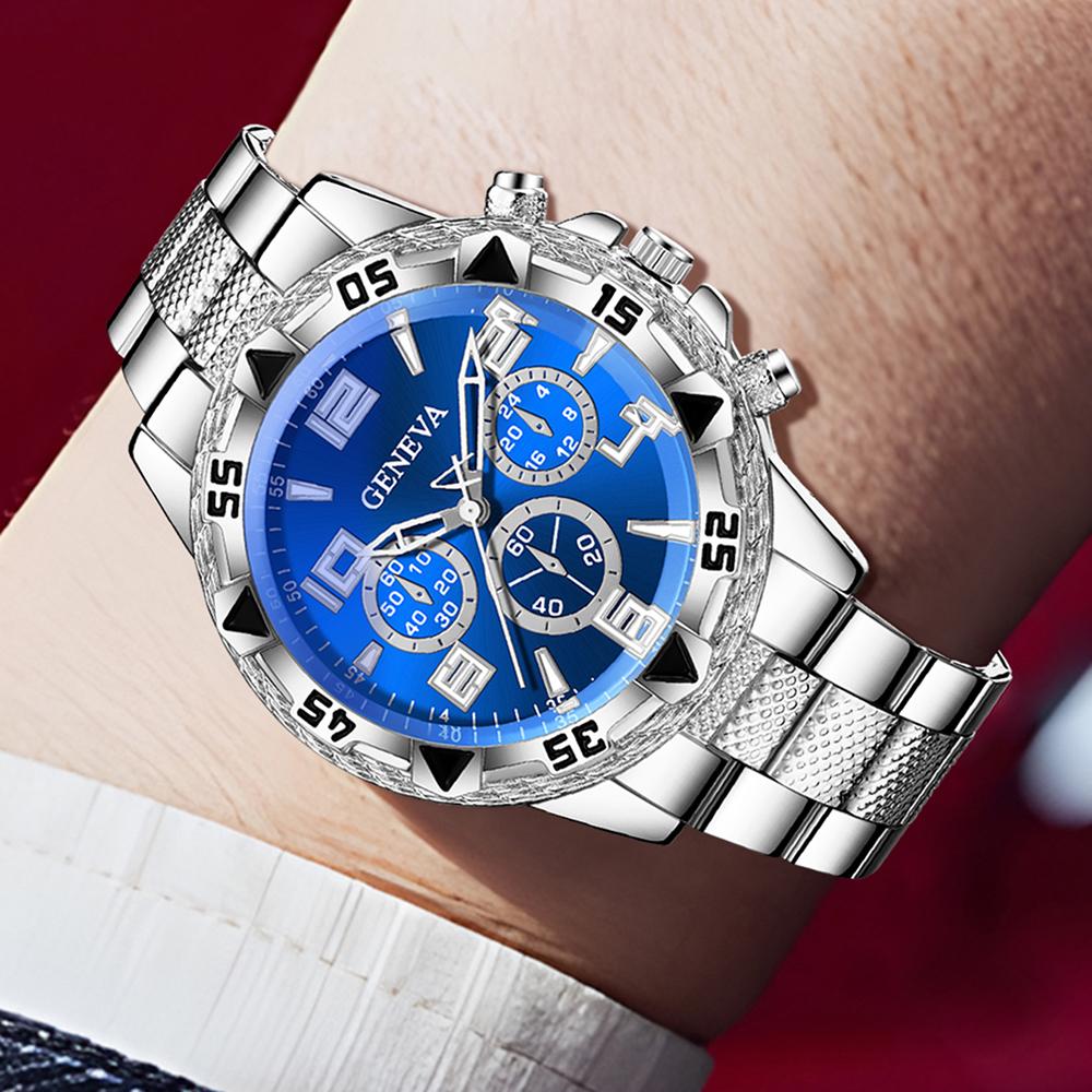 2PC Men's Watch Set Business Trend Digital Scale Blue Circular Dial Quartz Watch Bracelet Set Perfect Gift for Friends or Dad