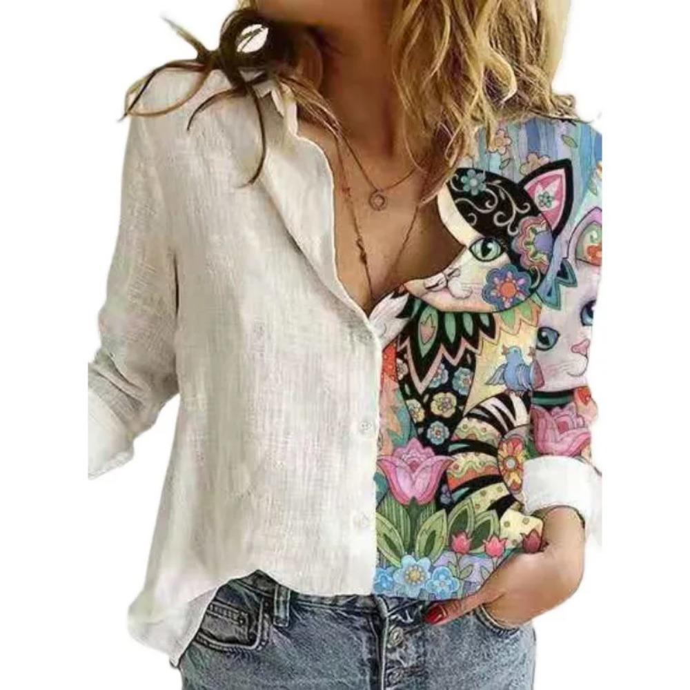 Fashion Stitching Retro Face Print Long Sleeve Blouse Women Lapel Button Casual Top Lady Shirts