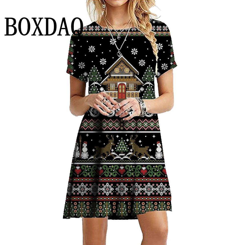 New Year Winter Christmas Deer Snowflake Dresses Women Short Sleeve Loose Tree Fashion Sweet O-Neck Party Dress