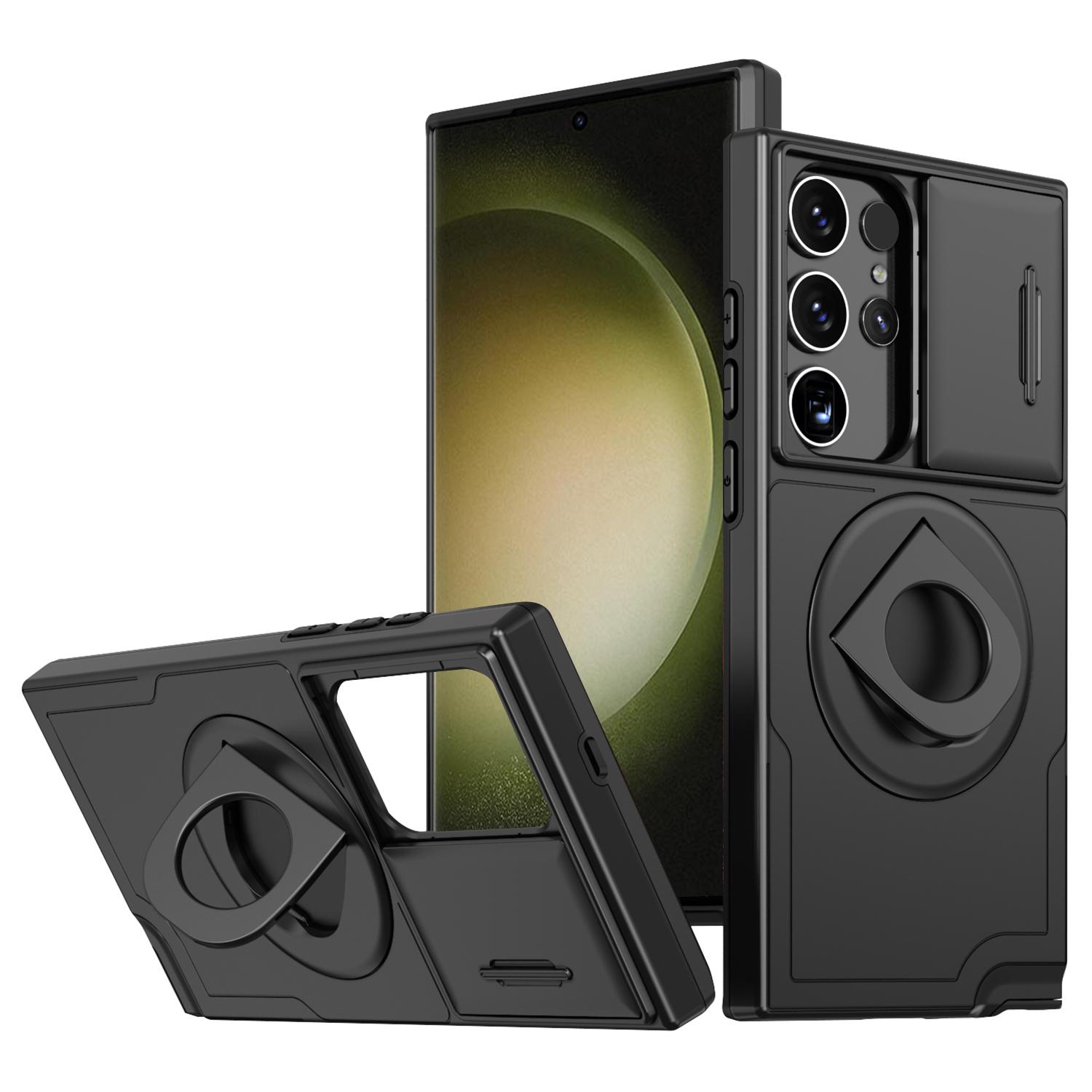 

For Samsung Galaxy S23 Ultra Case Magnetic Scratch-proof PC+TPU Phone Cover with Rotary Kickstand Black