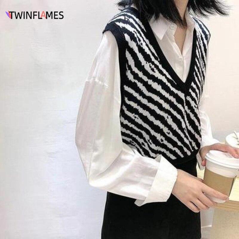 Sweater Vest Women New Autumn Winter Loose Harajuku Pullover Pulls Femme Sleeveless Knitted V-Neck Chic Outerwear