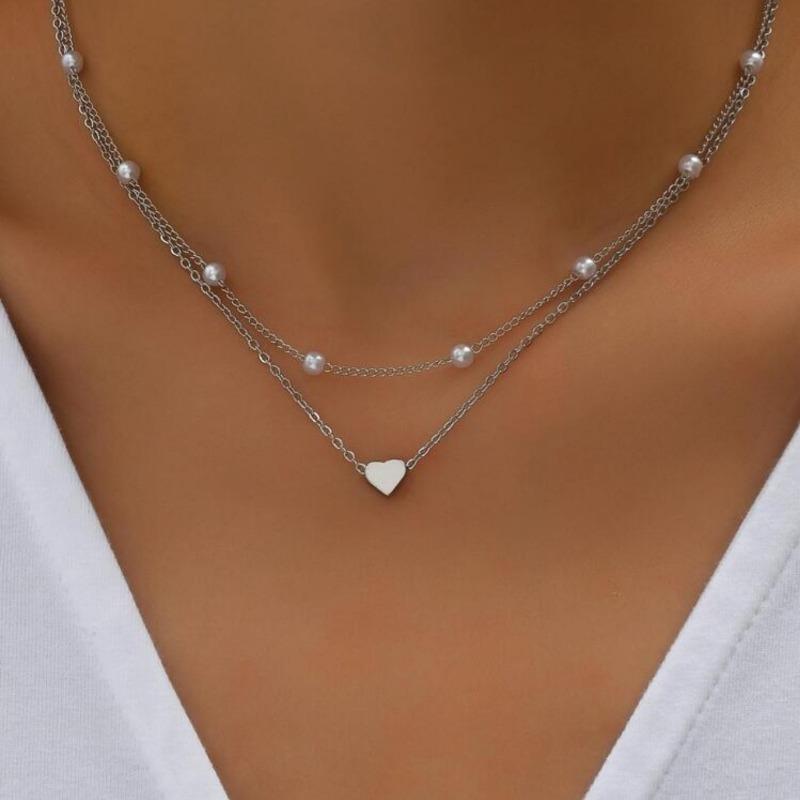 Jewelry Pearl Love Necklace Versatile Multi-layered Pendant Clavicle Chain Necklace Women's Retro Stacking Necklace