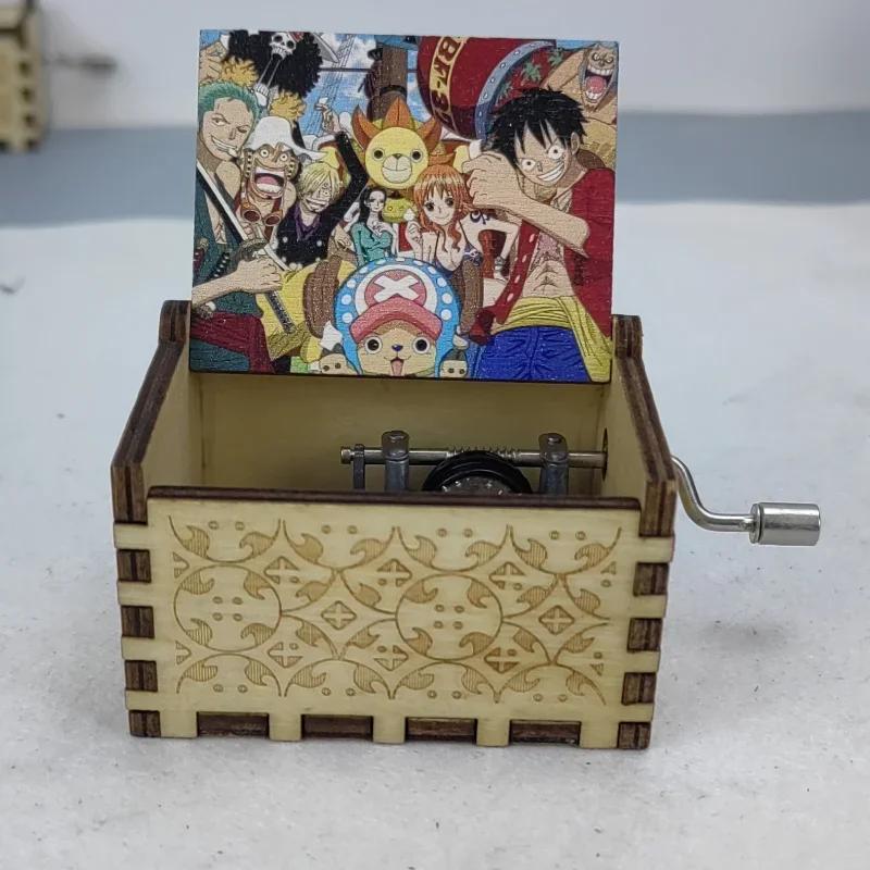 Anime One Piece Music Box Vintage Laser Engraved Wooden Hand Crank Music Box Room Decor Halloween Birthday Fans Toy Gift