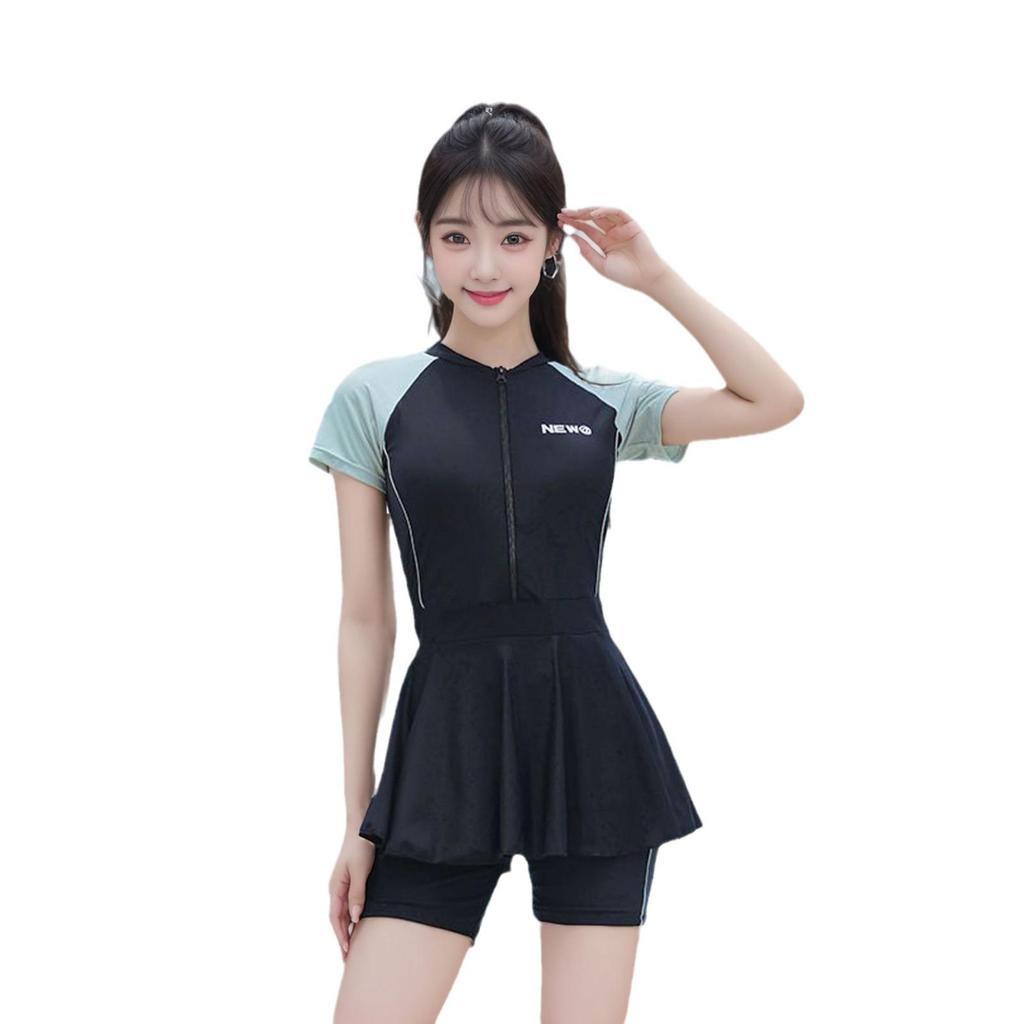 Korean Style Color Block Slimming One-Piece Skirt Swimsuit for Women - Sporty, Conservative, Beach Vacation Cover-up
