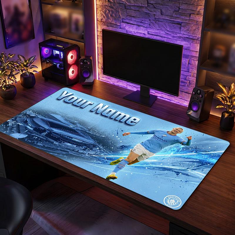 Erling Haaland Custom Large Mouse Pad, Personalized Name Text Print, Football Logo Non‑Slip Desk Mat Gaming Gift