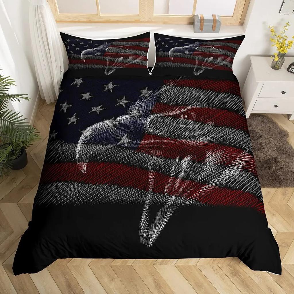 Africa Duvet Cover Set, Aerial View of Bald Eagle Flying USA, Decorative 3 Piece Bedding Set with 2 Pillow Sham, Full King Size