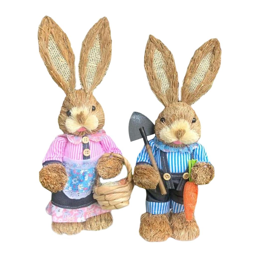 2 Pieces Easter Bunny Rabbit Straw Figures Decoration 35cm Tall Vivid and Lovely Lifelike Holiday Gifts Exquisite Craftsmanship