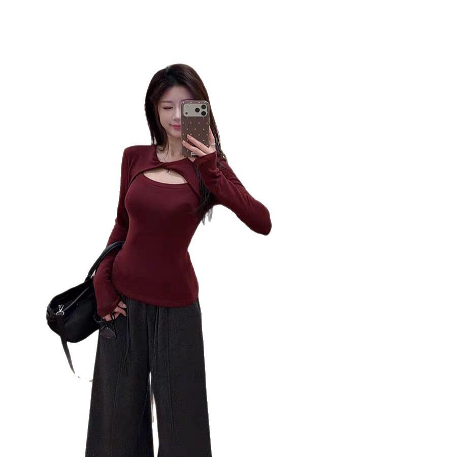 Pure desire sexy hottie hollow kink long-sleeved T-shirt women's autumn and winter design sense slim and thin bottom top