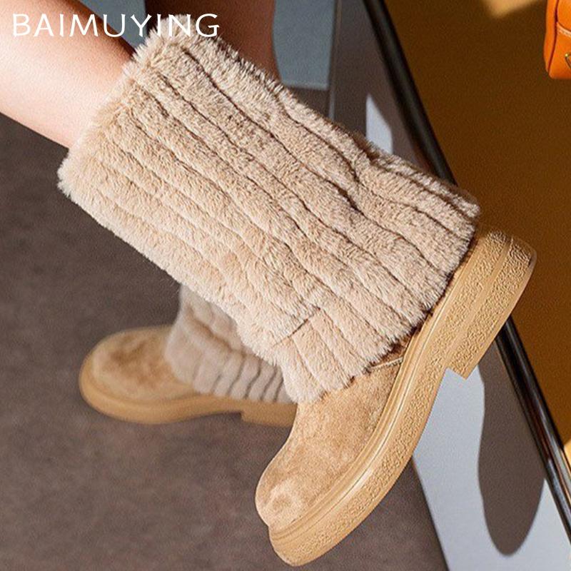 Pelz Plateau Damen Stiefeletten Wildleder Mittelhoch Absatz Modeschuhe Frau 2025 Trend Winter Lässig Walking Gemütlich Warm Schnee Stiefel Weiblich