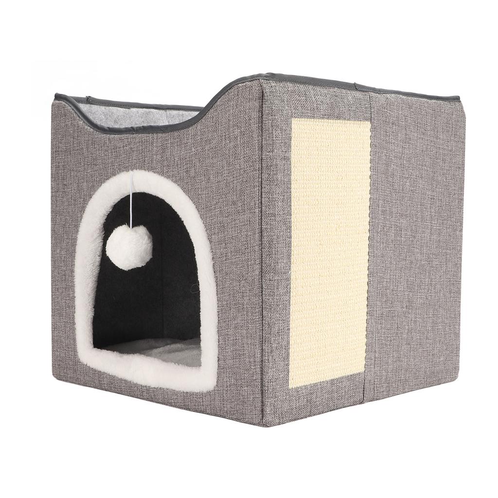 Cat House Foldable Enclosed Warm Breathable Cat Cave Bed with Scratcher Plush Ball for Indoor Gray
