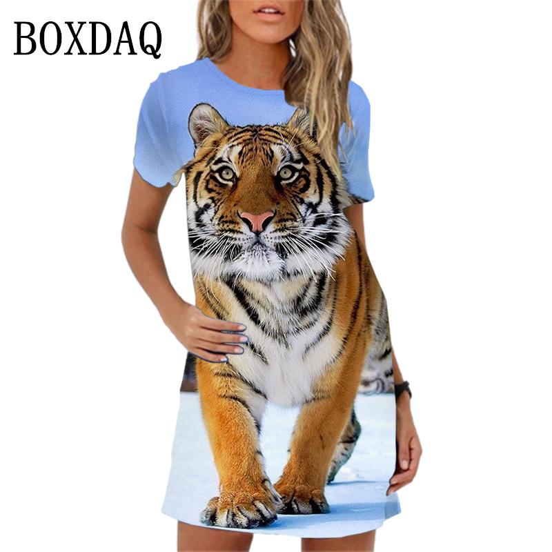 Jarní dámské šaty Módní šaty s potiskem tygra Krátký rukáv Letní ležérní Oversized A-line Minišaty Dámské
