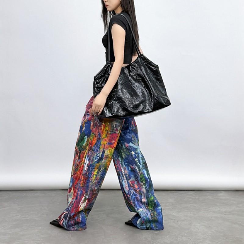 

Oil Painting Color Splash Ink Large Size Jeans Women s 3D Niche Design Hip-hop Loose Straight Wide-leg Floor Trousers 3XL
