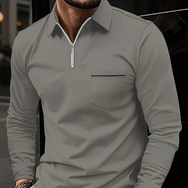Fashion  Shirt Zip Pocket Men s Long Sleeve Sports  Shirt Solid Colour Top S серый