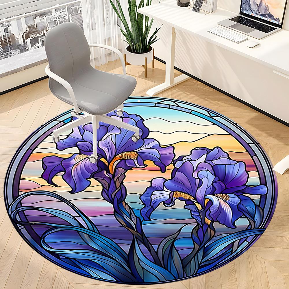 1PC Iris StainedGlass Office Round Area Rug, Indoor Mat Suitable ForOffice, Under Office Chairs Bedroom Living Room Home Decor, Room Deco F009
