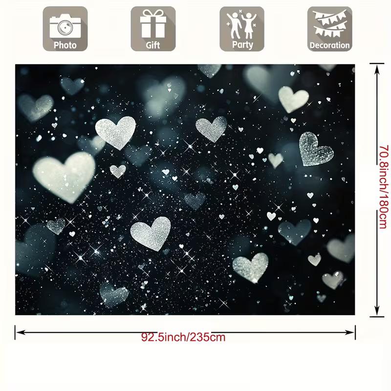 2D Black Silver Glitter Heart Backdrop Valentine's Day Photography Background