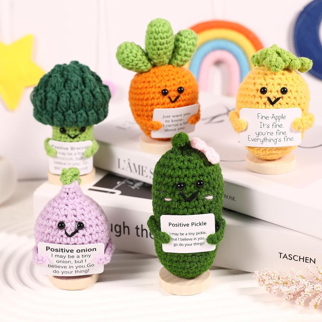 5PCS Emotional Support Crochet Doll with Base, Positive Crochet Vegetables Fruits with Positive Card Handmade Knitted Dolls Plush Cheer Up for